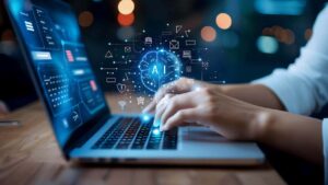 Pessoa trabalhando em notebook com gráficos de produtividade na tela e símbolos de Inteligência Artificial.