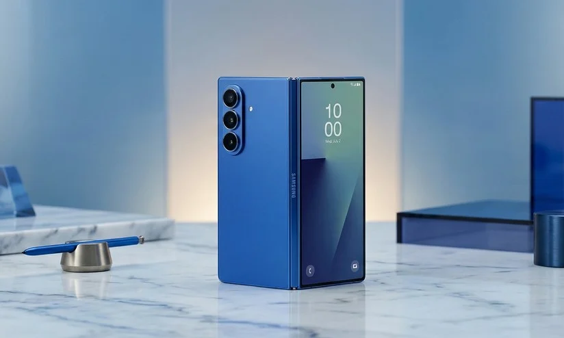 Samsung Galaxy Z Fold 8 aberto mostrando a tela interna ao lado do modelo Wide